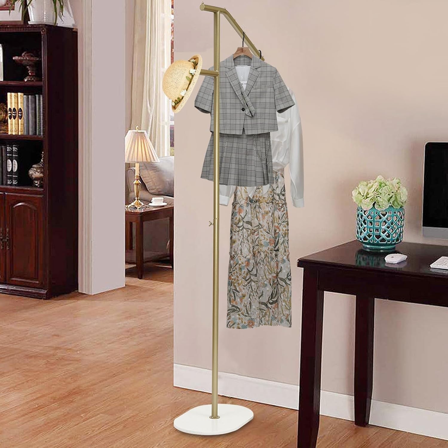 Gold & White Marble Base Coat Rack 170cm L-Shaped Metal Clothes Organizer