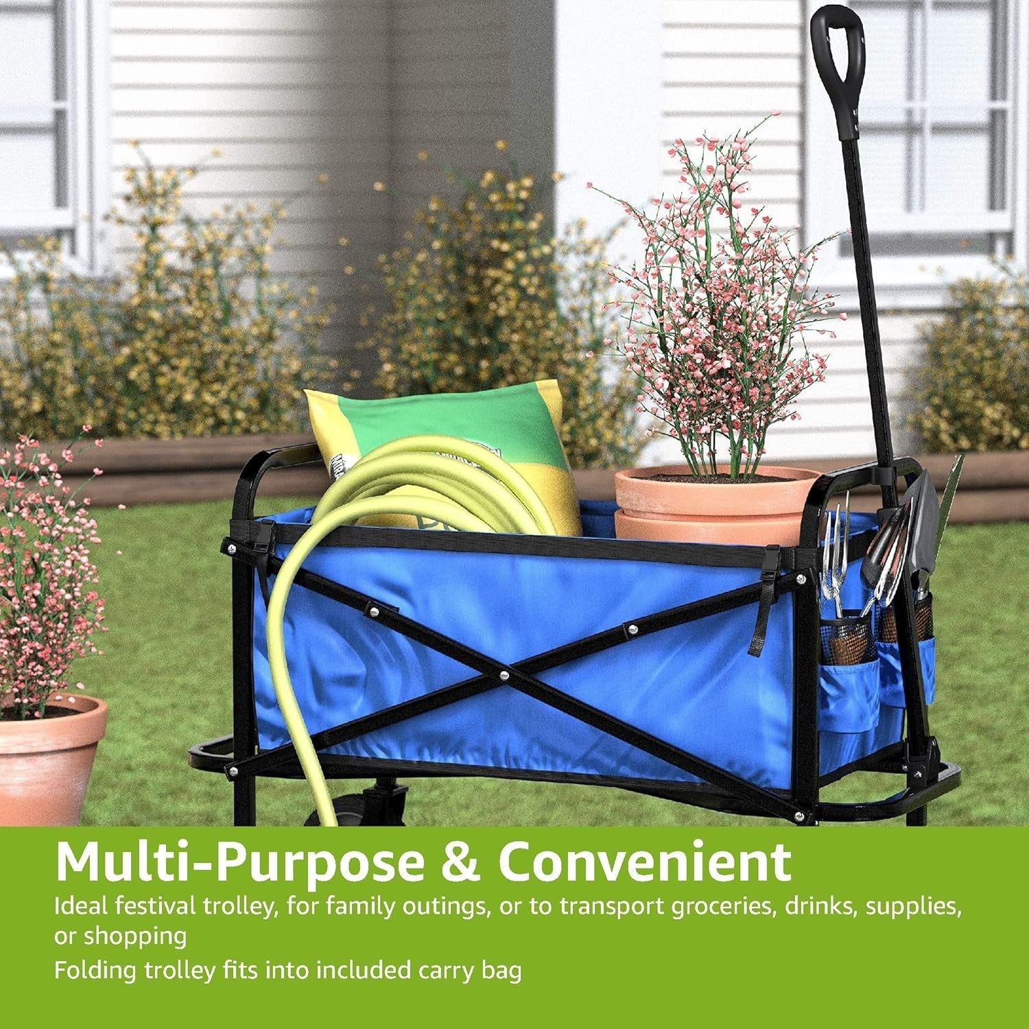 Collapsible Garden Wagon Foldable Utility Cart Adjustable Height 120kg Blue