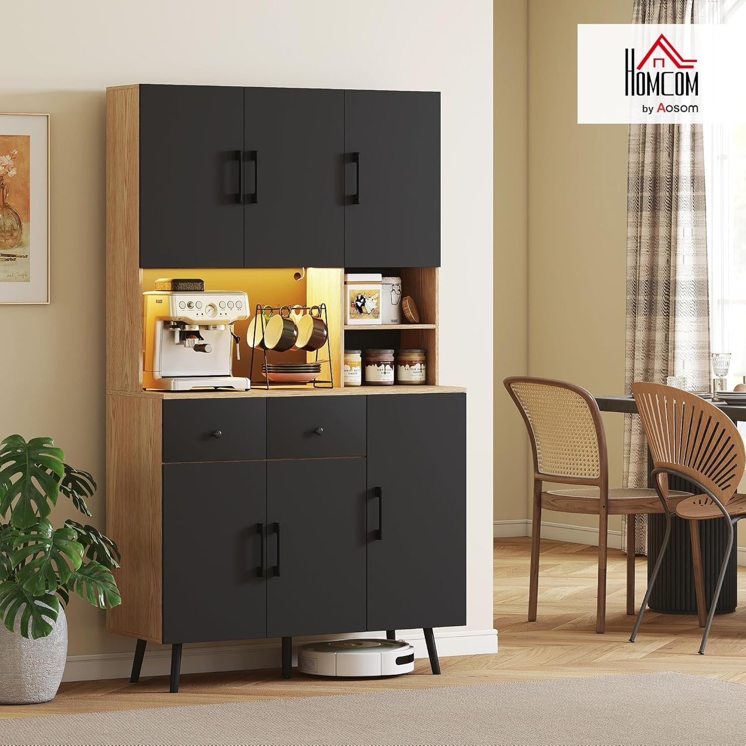 Tall Kitchen Cupboard with LED Lights 6 Door 2 Drawer Storage Cabinet Oak