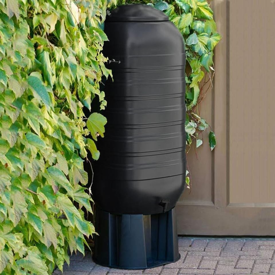 250L Slimline Black Water Butt Kit Heavy Duty Plastic , Lid, Tap & Diverter