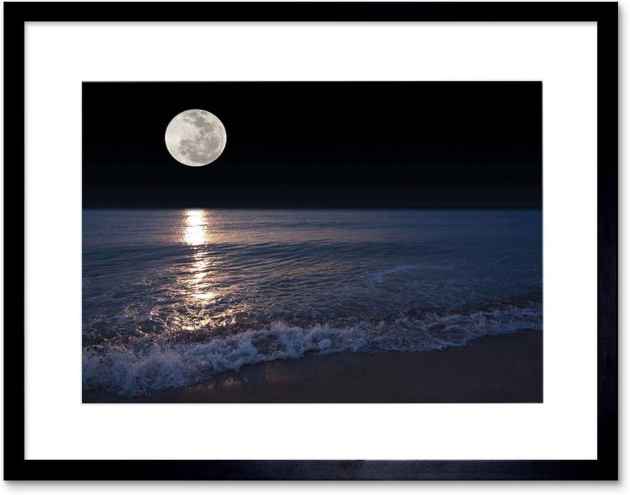 Full Moon Sea Canvas Wall Art Blue Night Framed