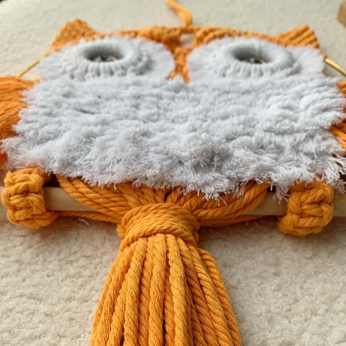 Orange Macrame Owl Wall Hanging Boho Fiber Art Home Decor