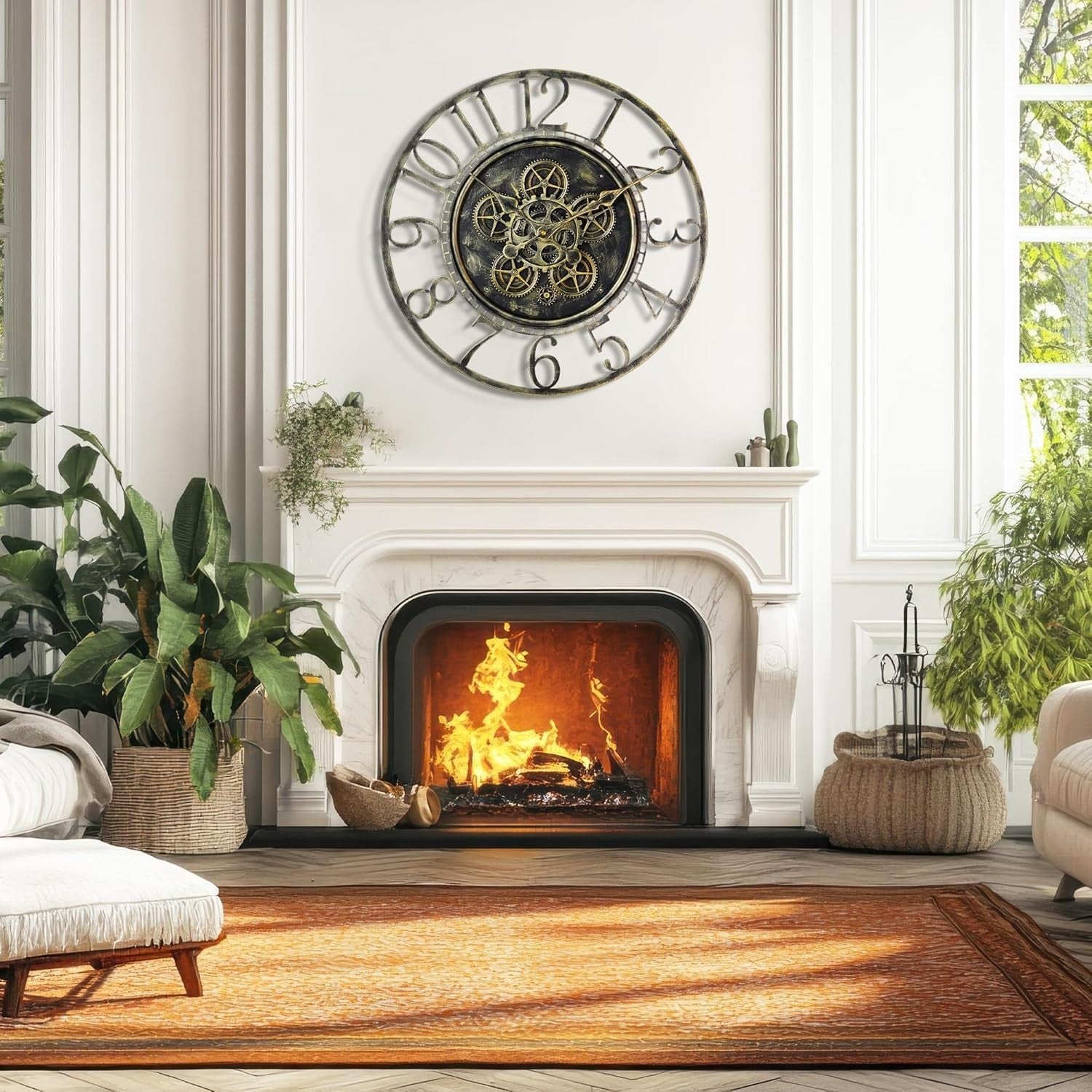 Large Industrial Steampunk Wall Clock with Moving Gears | Vintage Bronze 24"