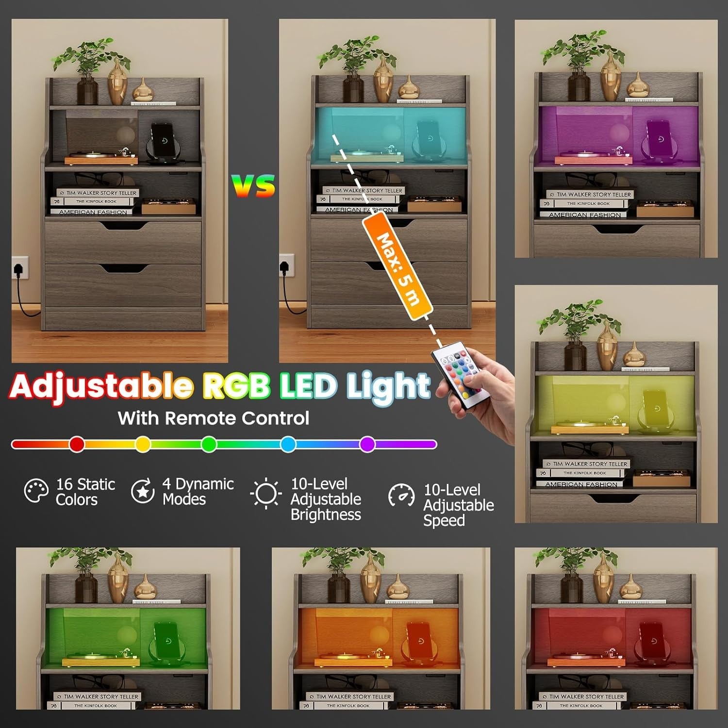 LED Bedside Table with Charging Station, Drawers & RGB Lighting Storage Unit