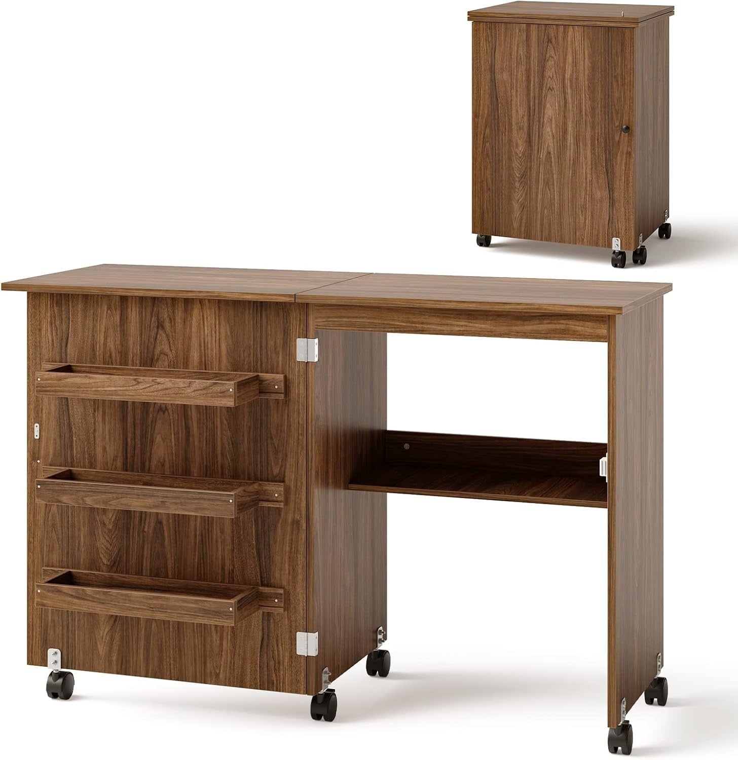 Folding Sewing Table 117cm Mobile Craft Desk with Shelves & Wheels Brown