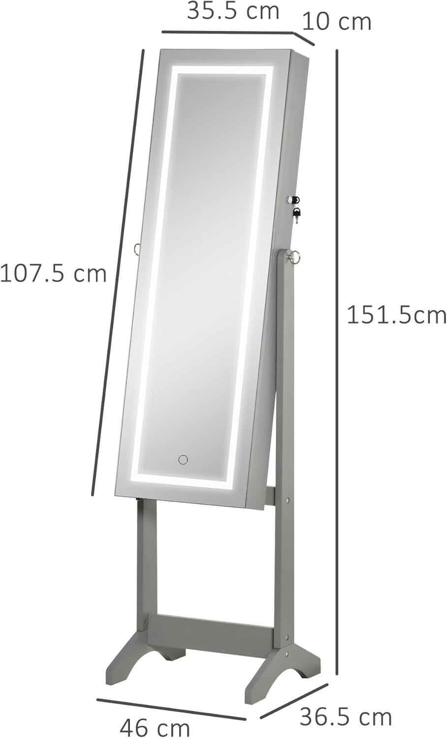 Grey LED Jewelry Armoire Freestanding Full Mirror Lockable Storage