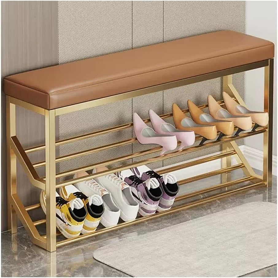 2-Tier Entryway Shoe Bench with Padded Seat & Metal Storage Rack Gold Brown