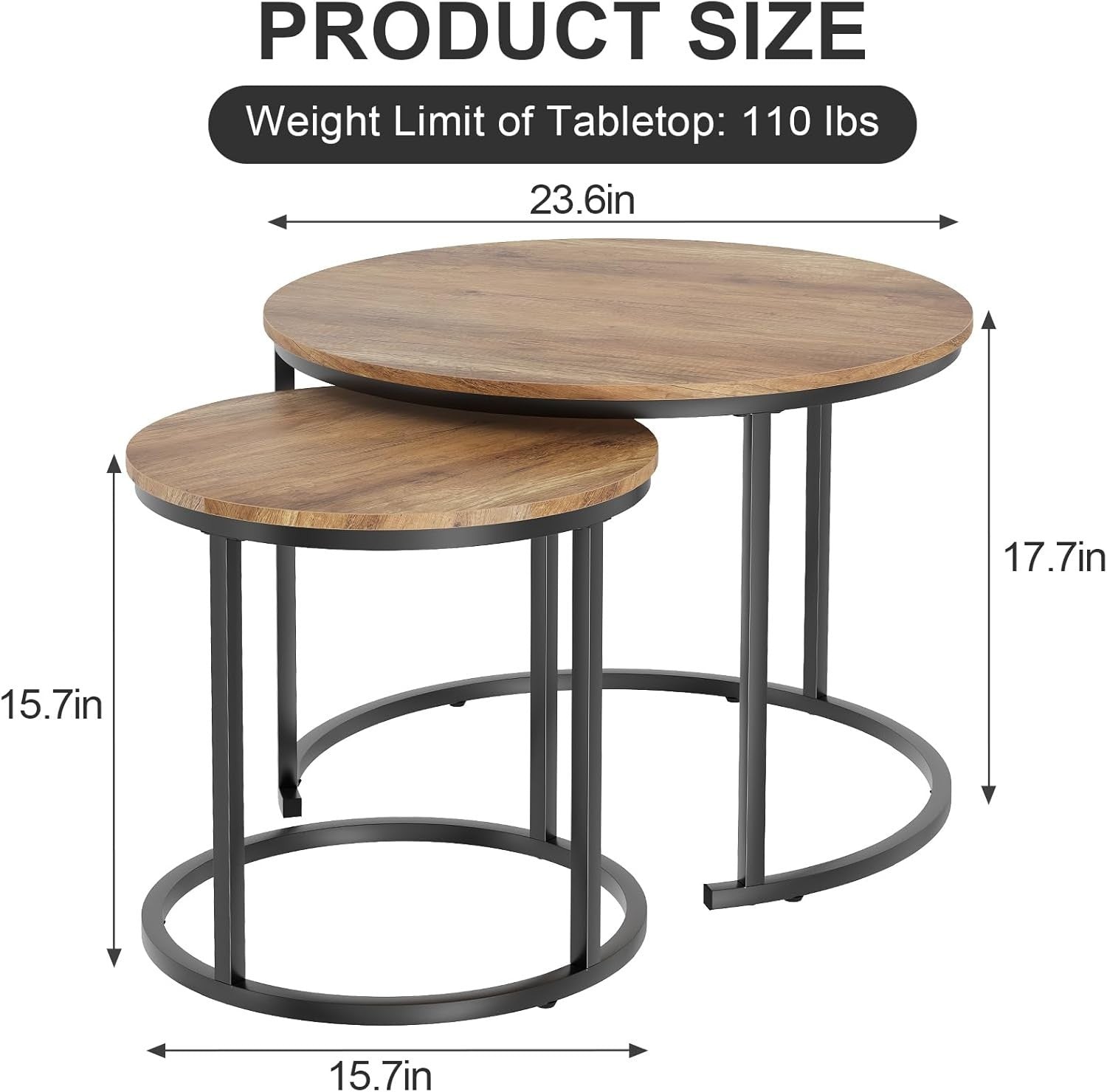 Round Nested Coffee Table Set of 2, Natural Brown Wood, Metal Frame, End Side Ta