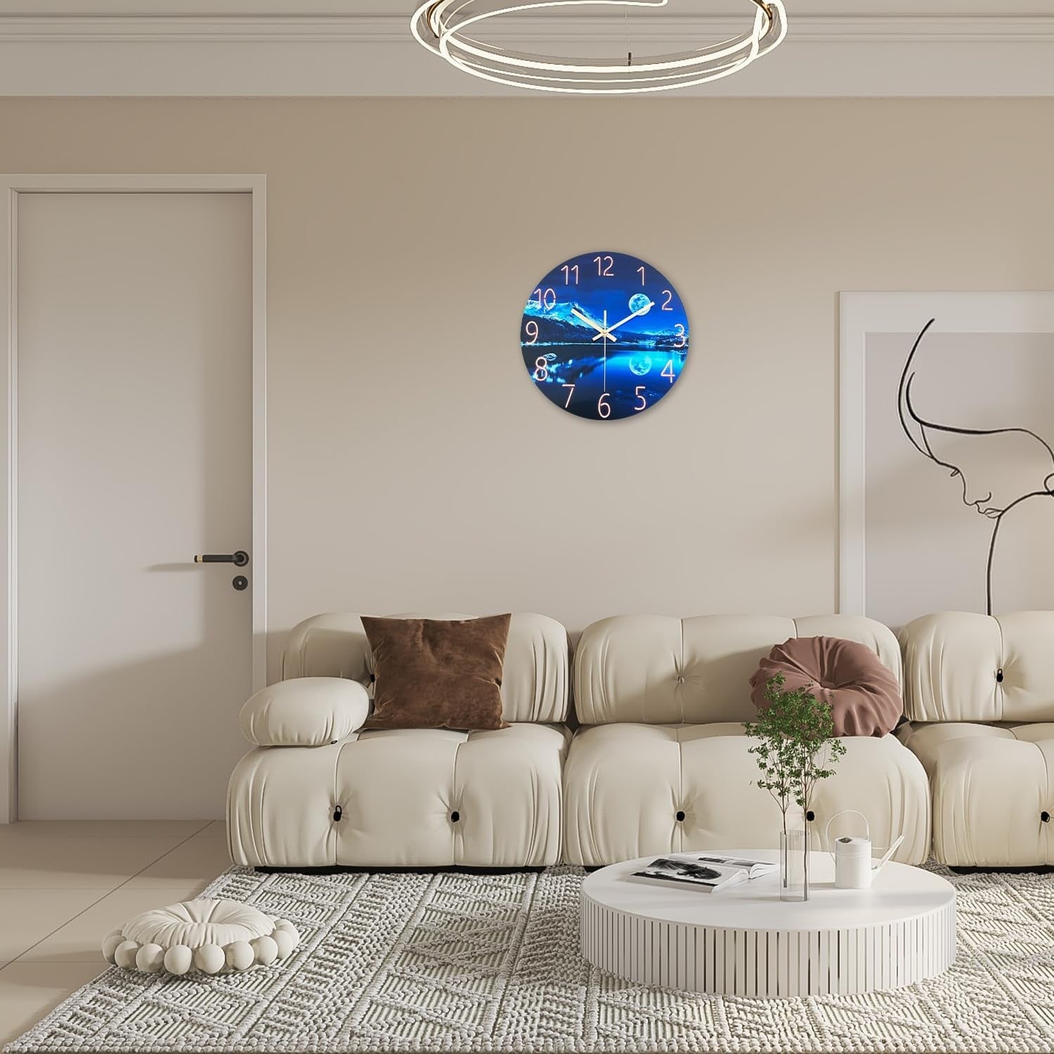 Large 16" Blue Moon Glass Wall Clock Silent Non-Ticking Modern Home Decor