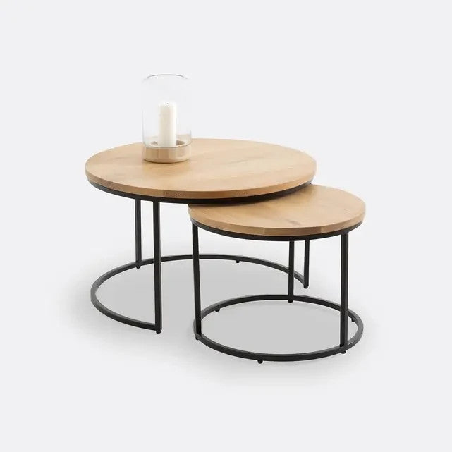 Set of 2 Oak Nesting Coffee Tables | Round Wood & Metal Lounge Table Set