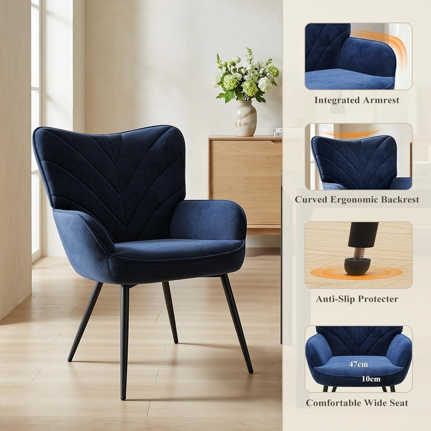 Blue Velvet Accent Chair Armchair Black Metal Legs Wide Seat