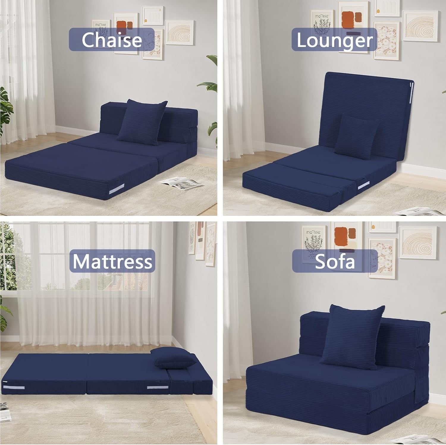 Fold Out Single Sofa Chair Bed Guest Mattress 3in1 Navy Corduroy Foam