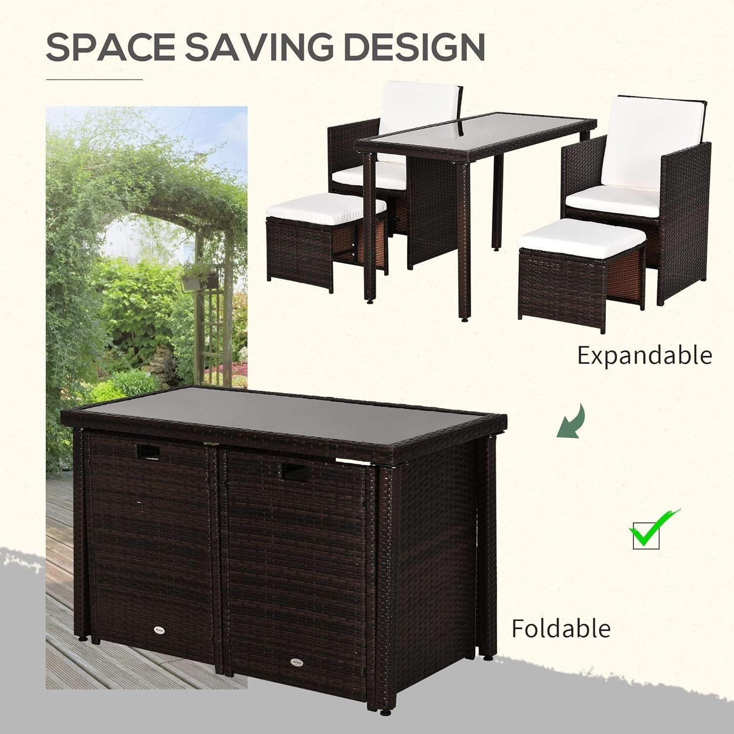 Space Saving Rattan Dining Set 4PC Cube Chairs Glass Table Patio Balcony