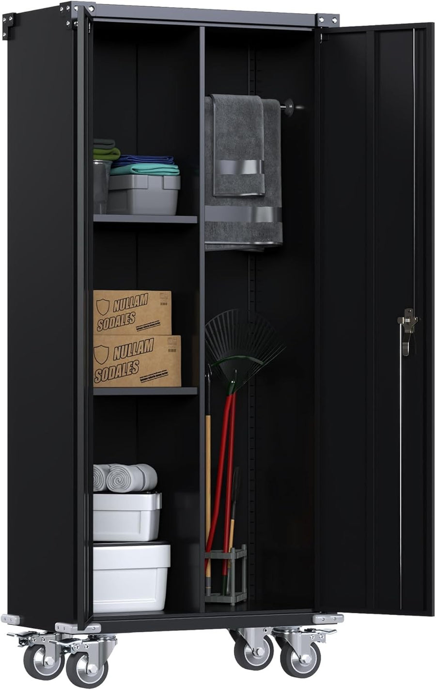 Tall Metal Storage Cabinet with Wheels Shelves Lockable Doors Broom Closet