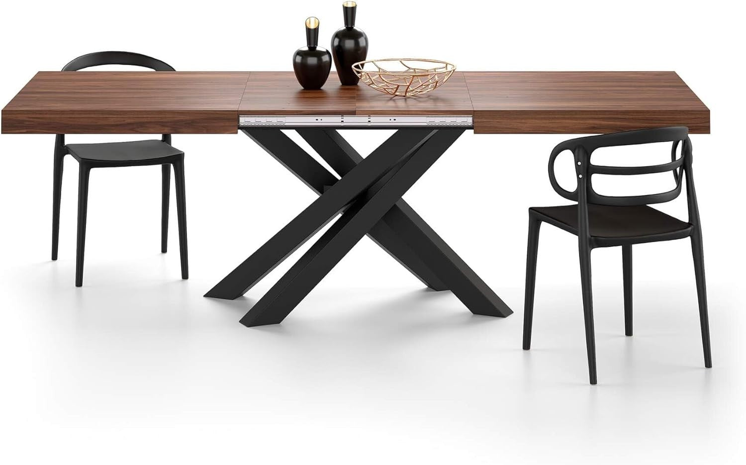 Extendable Walnut Dining Table 160–240cm w/ Black Cross Legs Modern