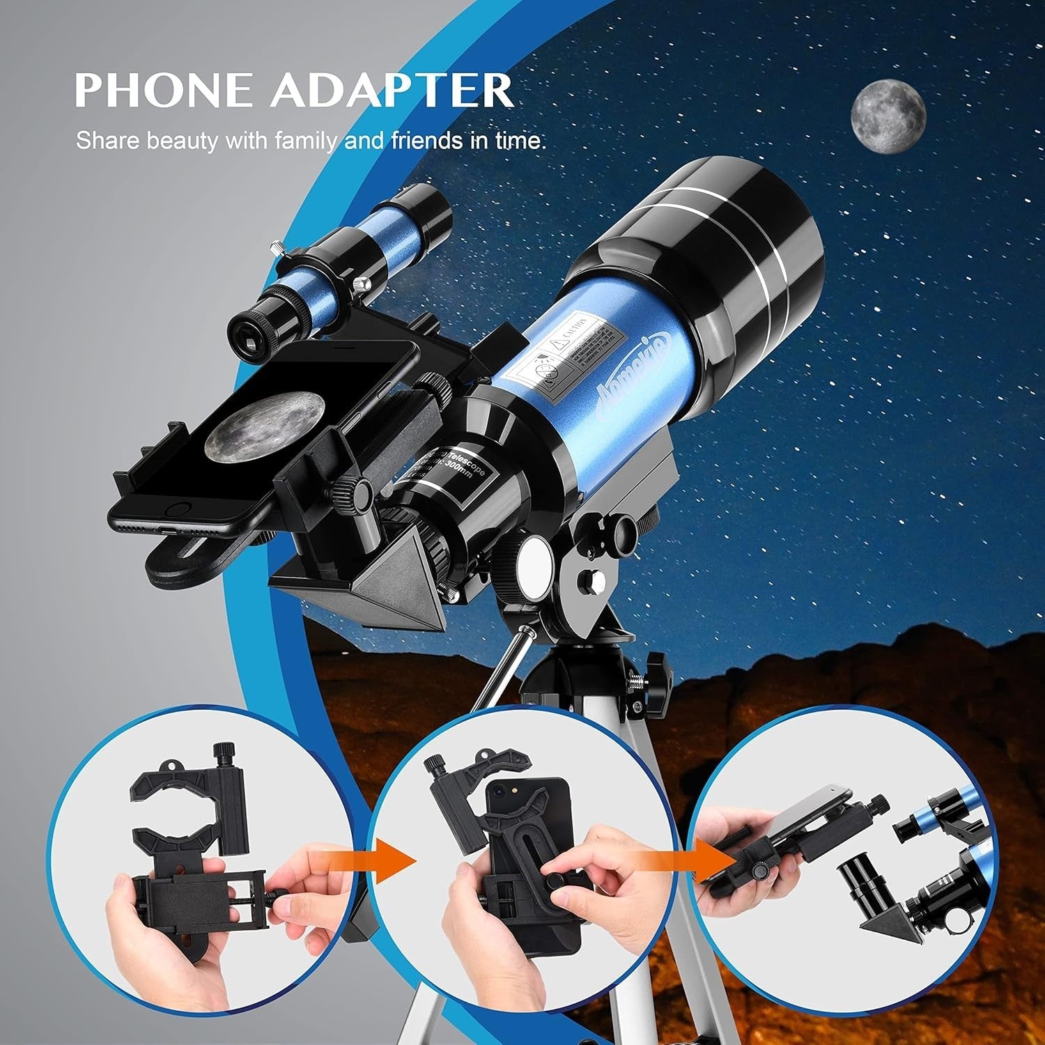70mm Aperture 300mm Refractor Telescope for Kids & Adults with Tripod