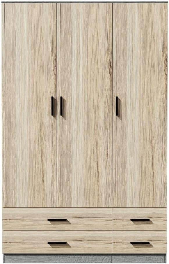 3 Door 4 Drawer Wardrobe Hanging Rail Storage Ash Grey & Oak Bedroom
