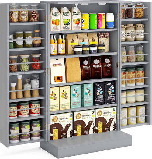 Compact Grey Pantry Cabinet with 2 Doors and 17 Storage Shelves