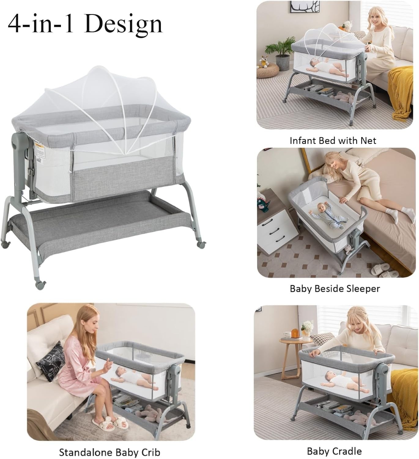4-in-1 Baby Bedside Crib with Adjustable Height, Mosquito Net & Storage Grey