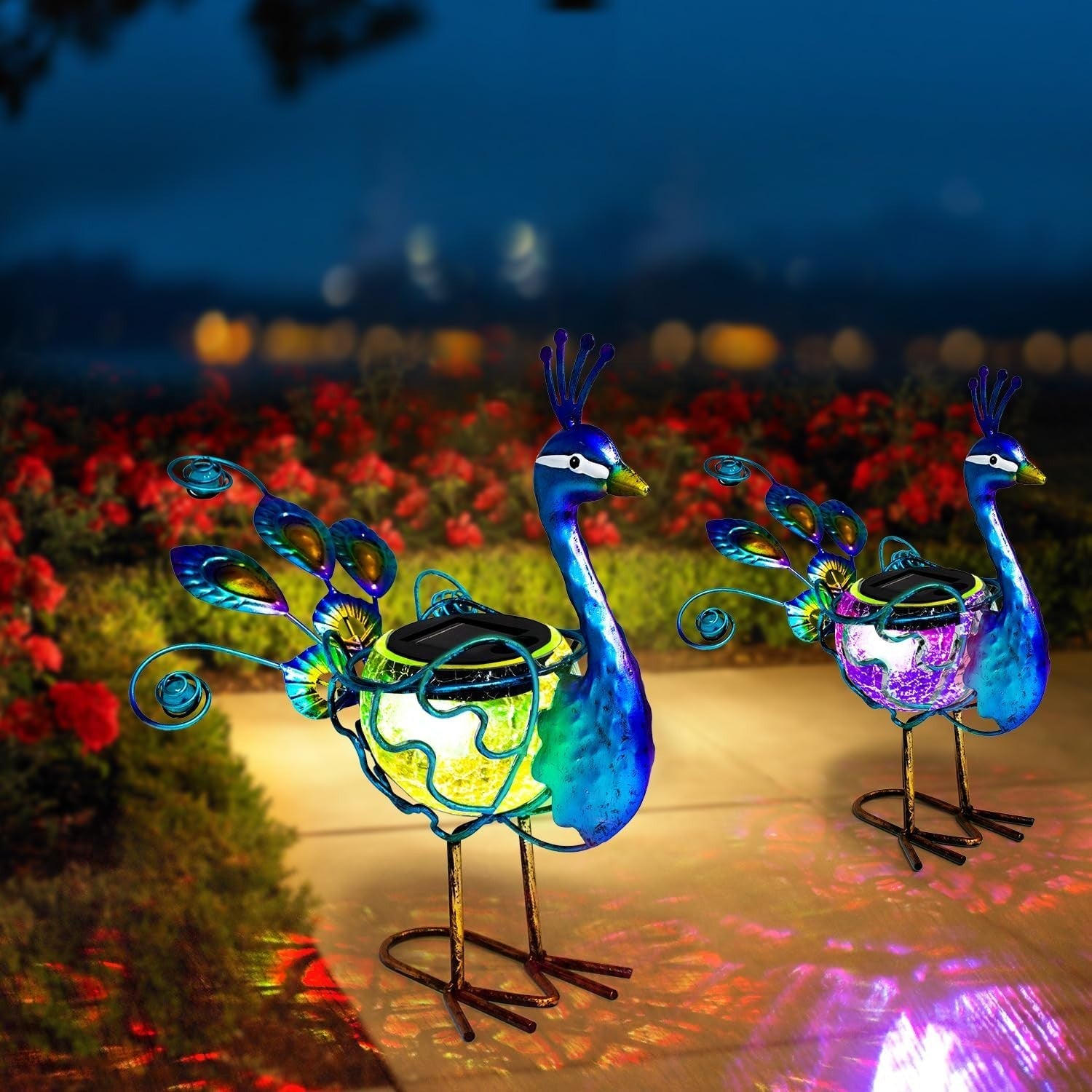 Solar Peacock Light Outdoor LED Garden Statue Metal Glass Yard Art Ornament