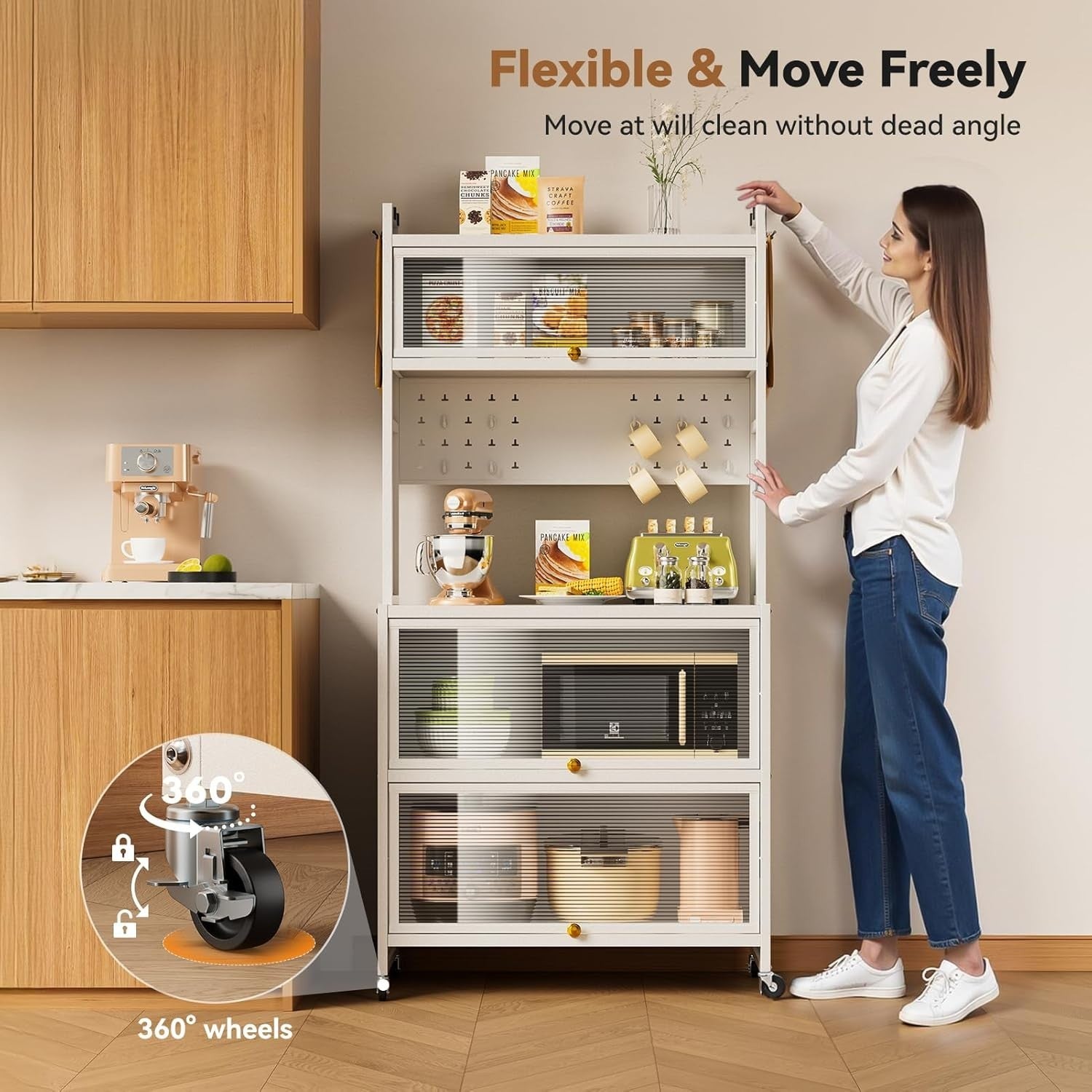 5-Tier Kitchen Storage Cabinet with Flip Door & Wheels White | 80x40x162cm