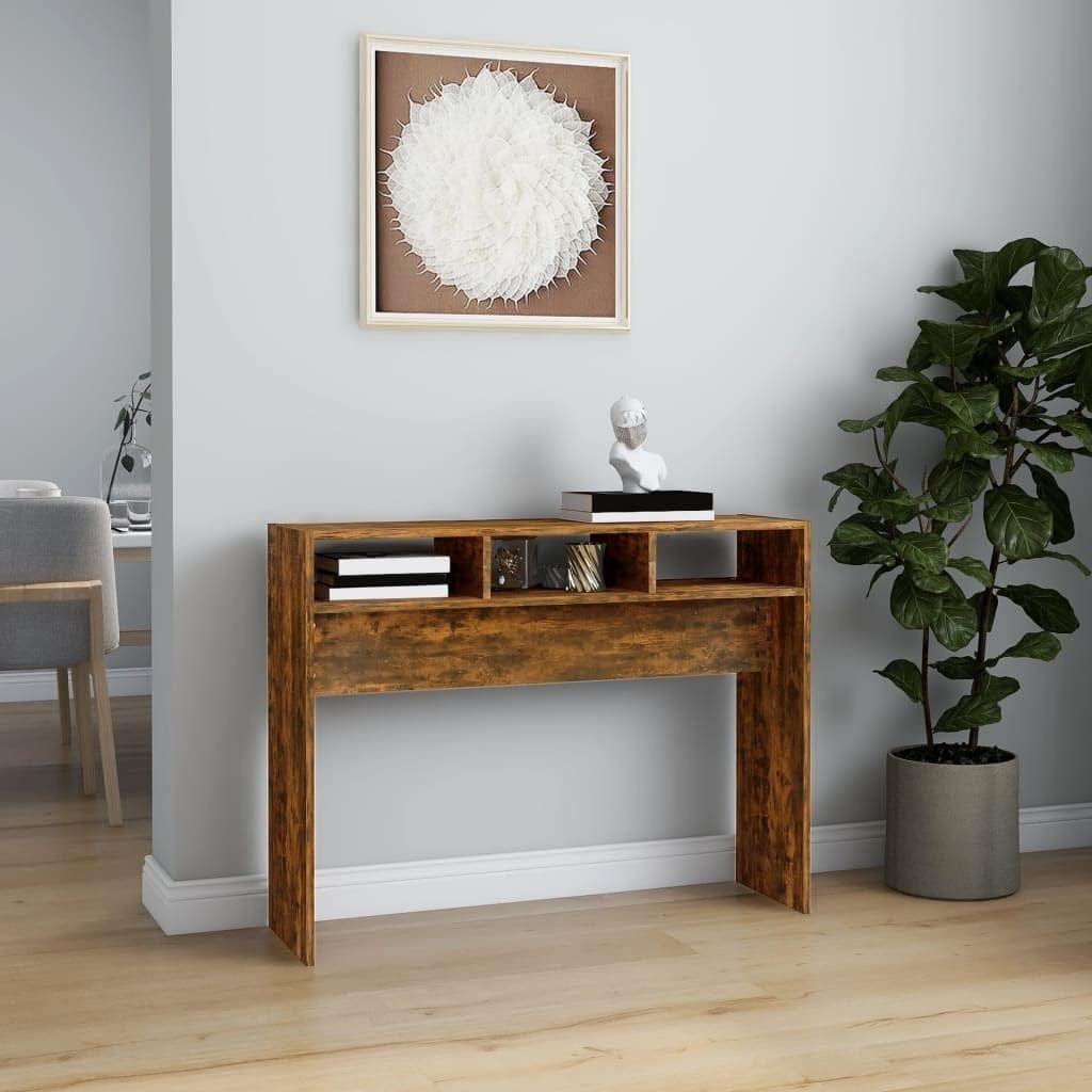 Smoked  Modern Console Table with Storage Shelves - Compact, Stylish Home Desk