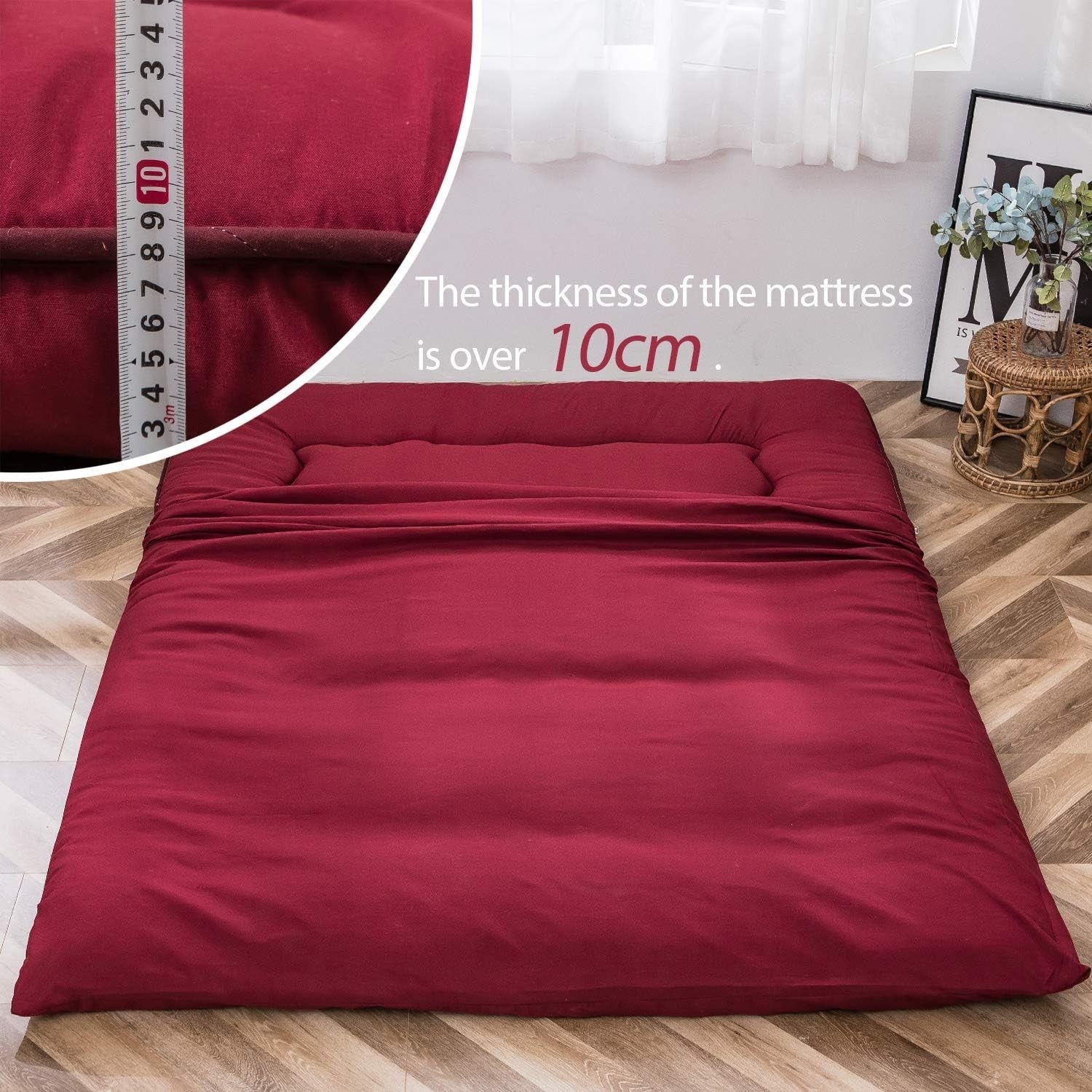 Burgundy Foldable Futon Mattress | Thick Quilted Floor Sleeping Pad, Portable