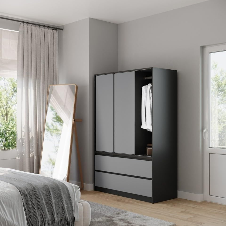 Grey Sliding Door Wardrobe with 4 Drawers & Hanging Rail - Space Saving