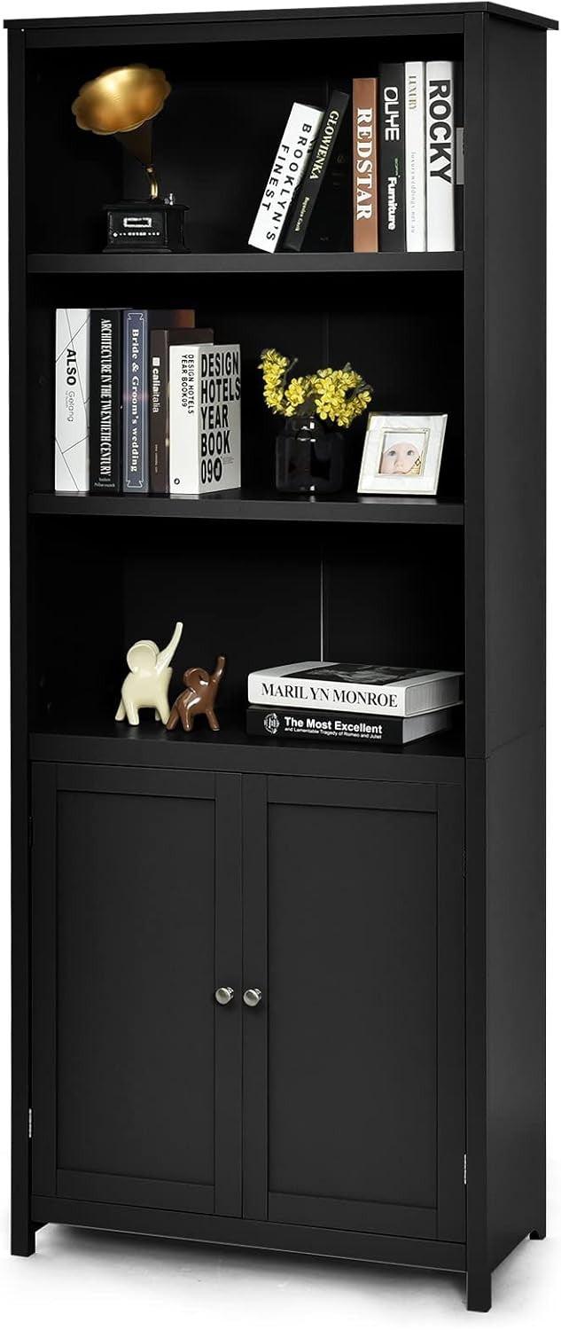 Tall Black 5-Tier Storage Cabinet with Doors, Adjustable Shelves, Freestanding