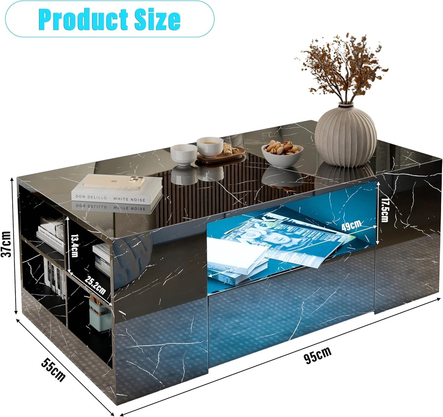 Blisswood LED Coffee Table with 2 Drawers, High Gloss Black Marble & RGB Lights