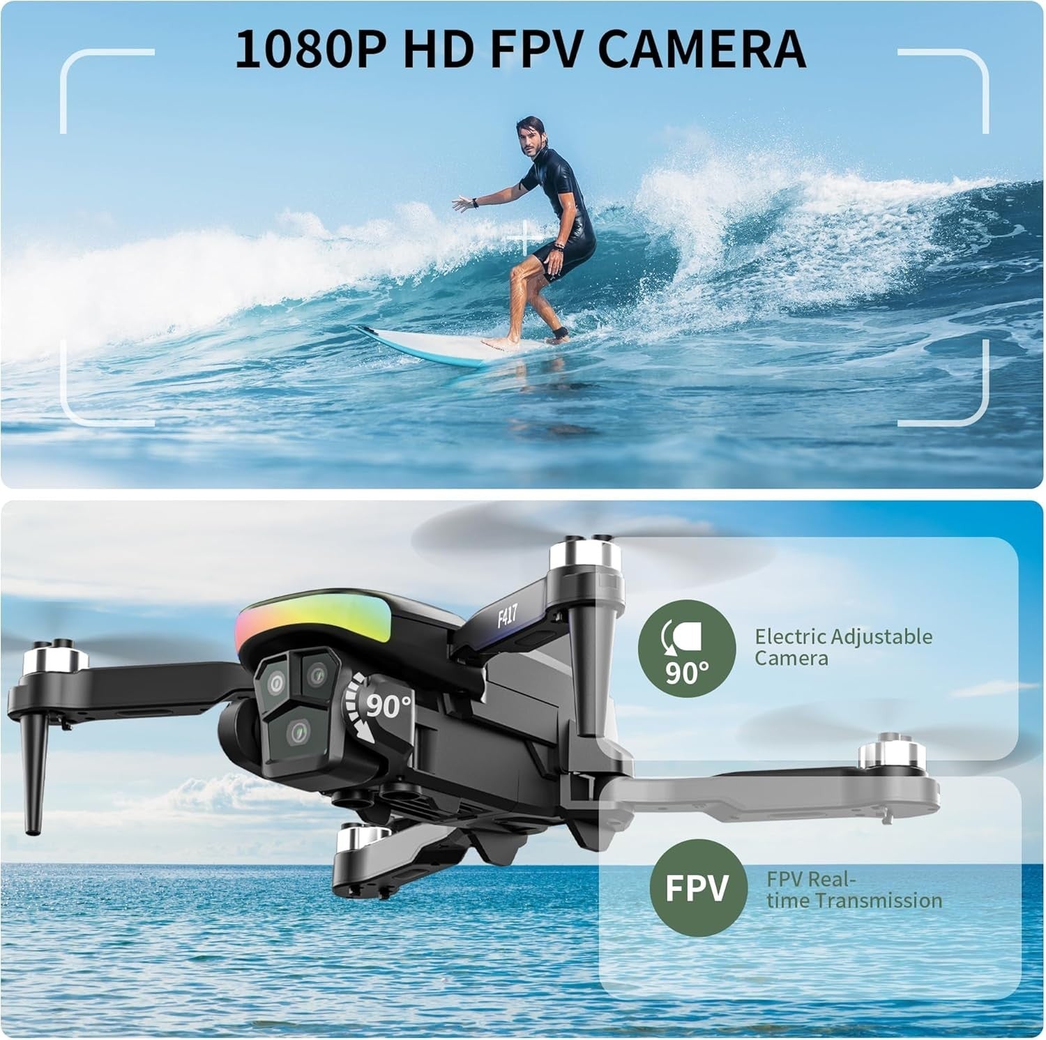 1080P Dual Camera Foldable Drone | LED Lights, Optical Flow, APP Control