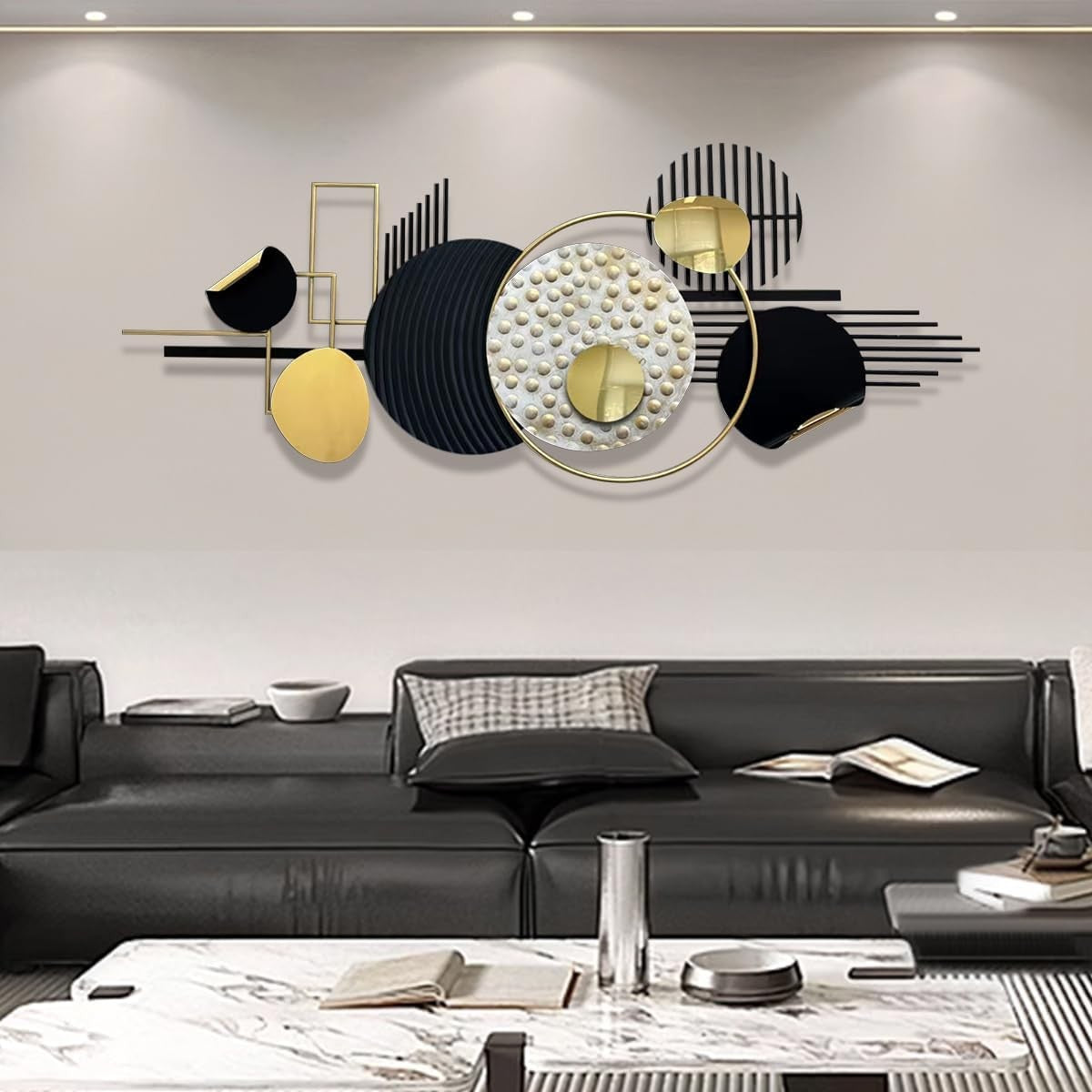 Modern Metal Wall Art Black Gold Geometric Sculptures for Living Room