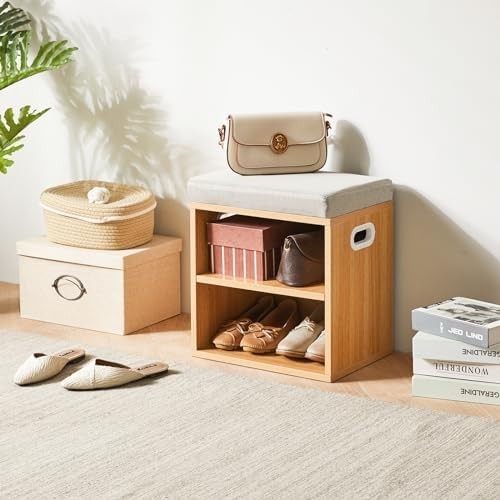 Natural 2 Tier Shoe Bench with Cushion Adjustable Storage Rack for Entryway