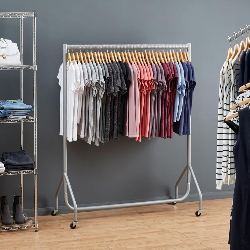 Heavy Duty Clothes Rail 5ft Steel Silver, 100kg Load, Free Standing with Wheels