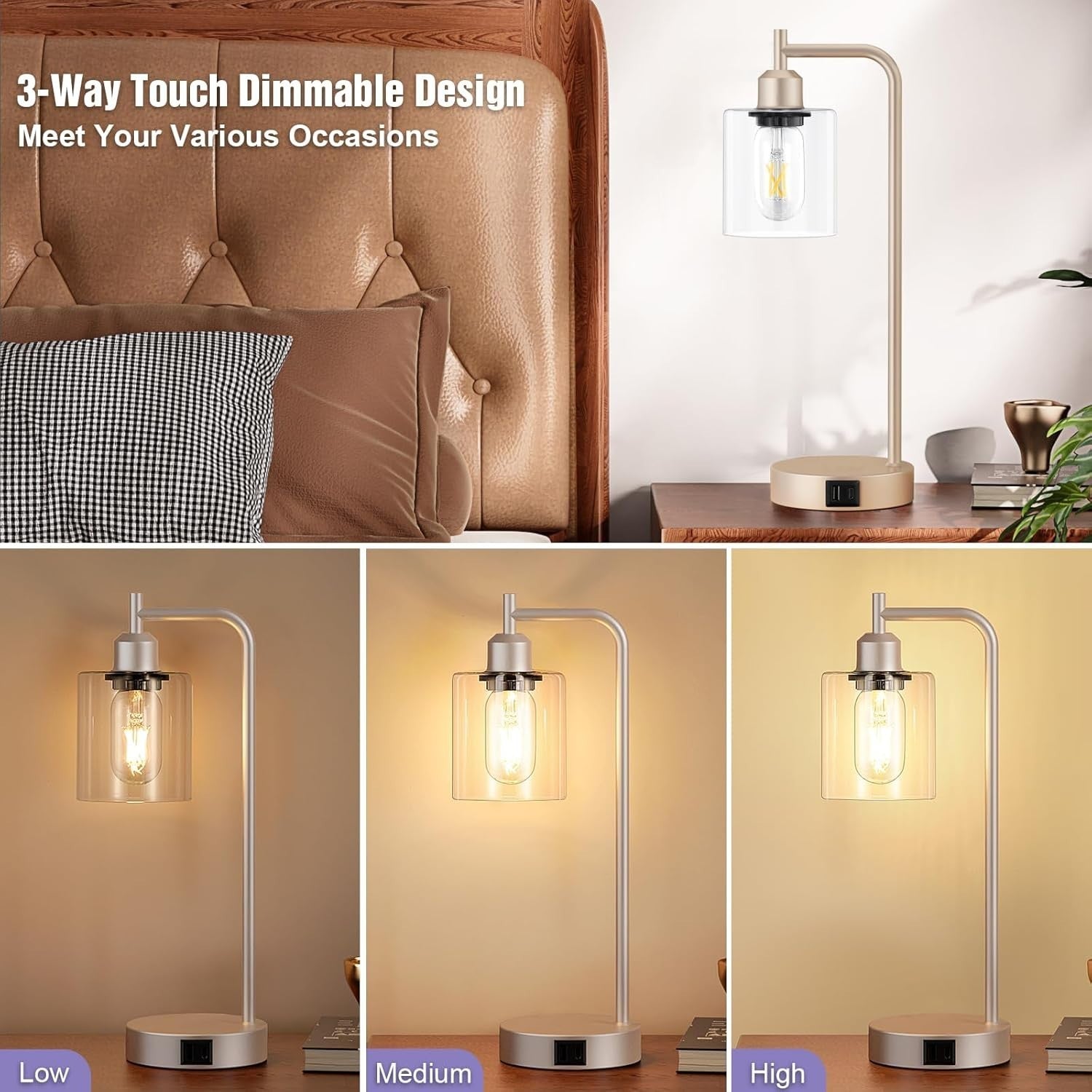 Champagne Gold Touch Table Lamps Set of 2 USB Dimmable Clear Glass