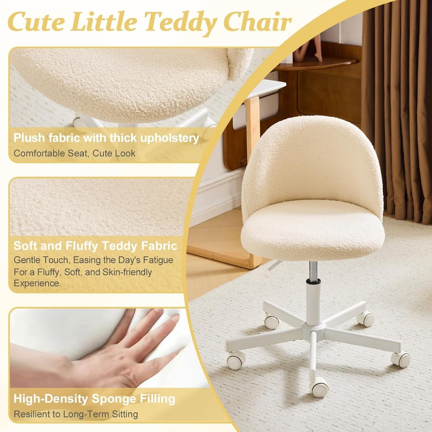 Cream Beige Armless Swivel Desk Chair – Teddy Fleece, Adjustable Height & Wheels