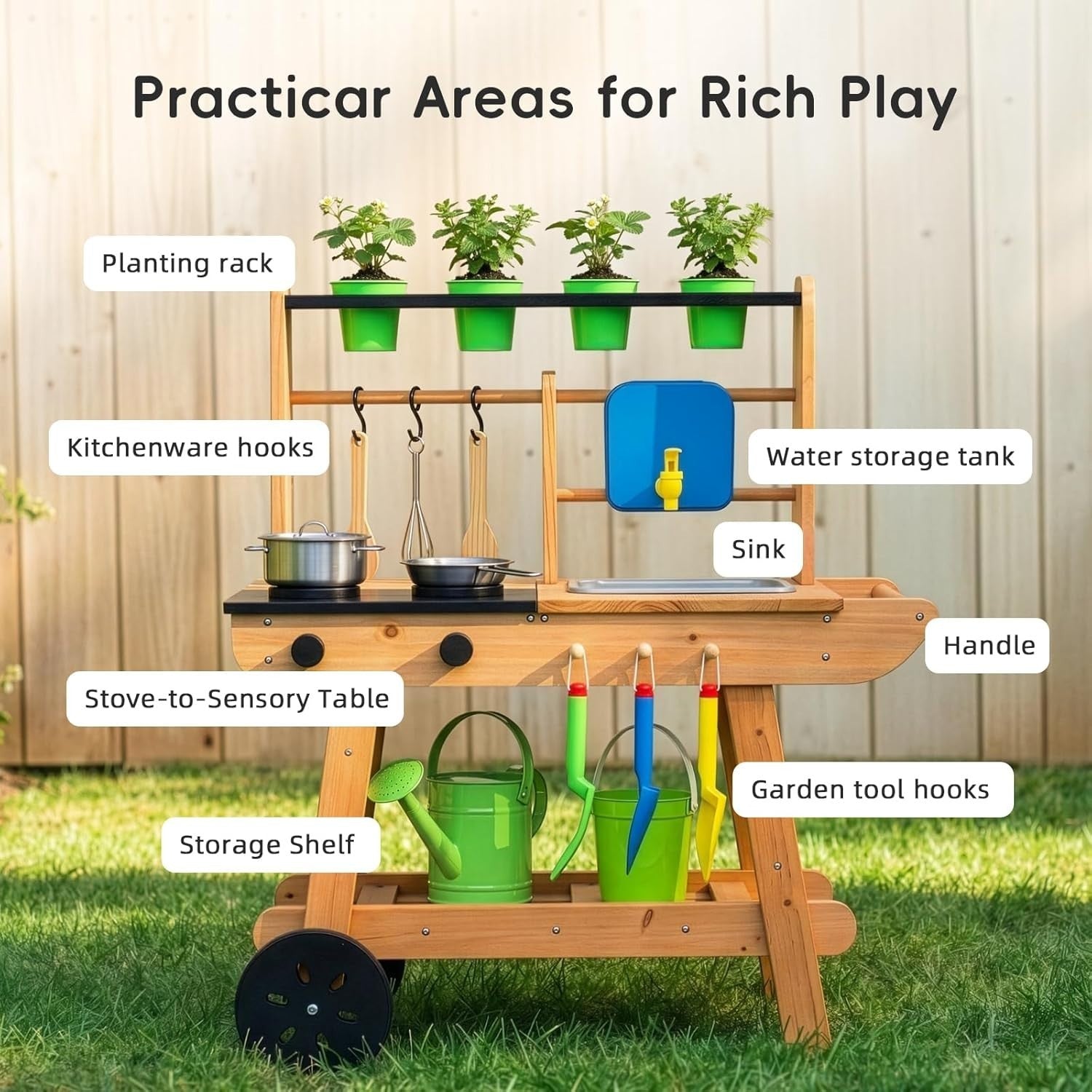Wooden Mud Kitchen for Kids Outdoor Playset w/ Wheels Sink Stove
