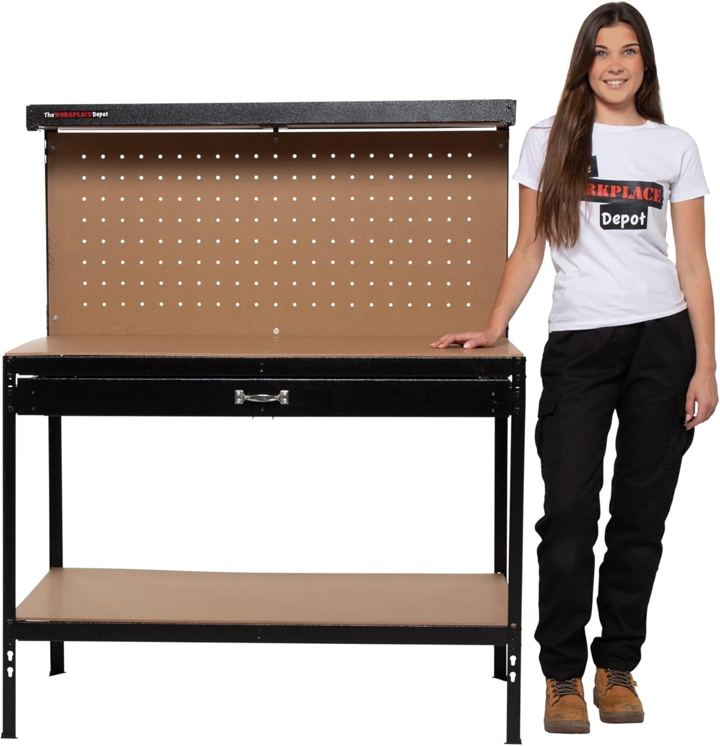 Heavy Duty Workshop Tool Bench Steel Frame Drawer Pegboard Shelves 230kg