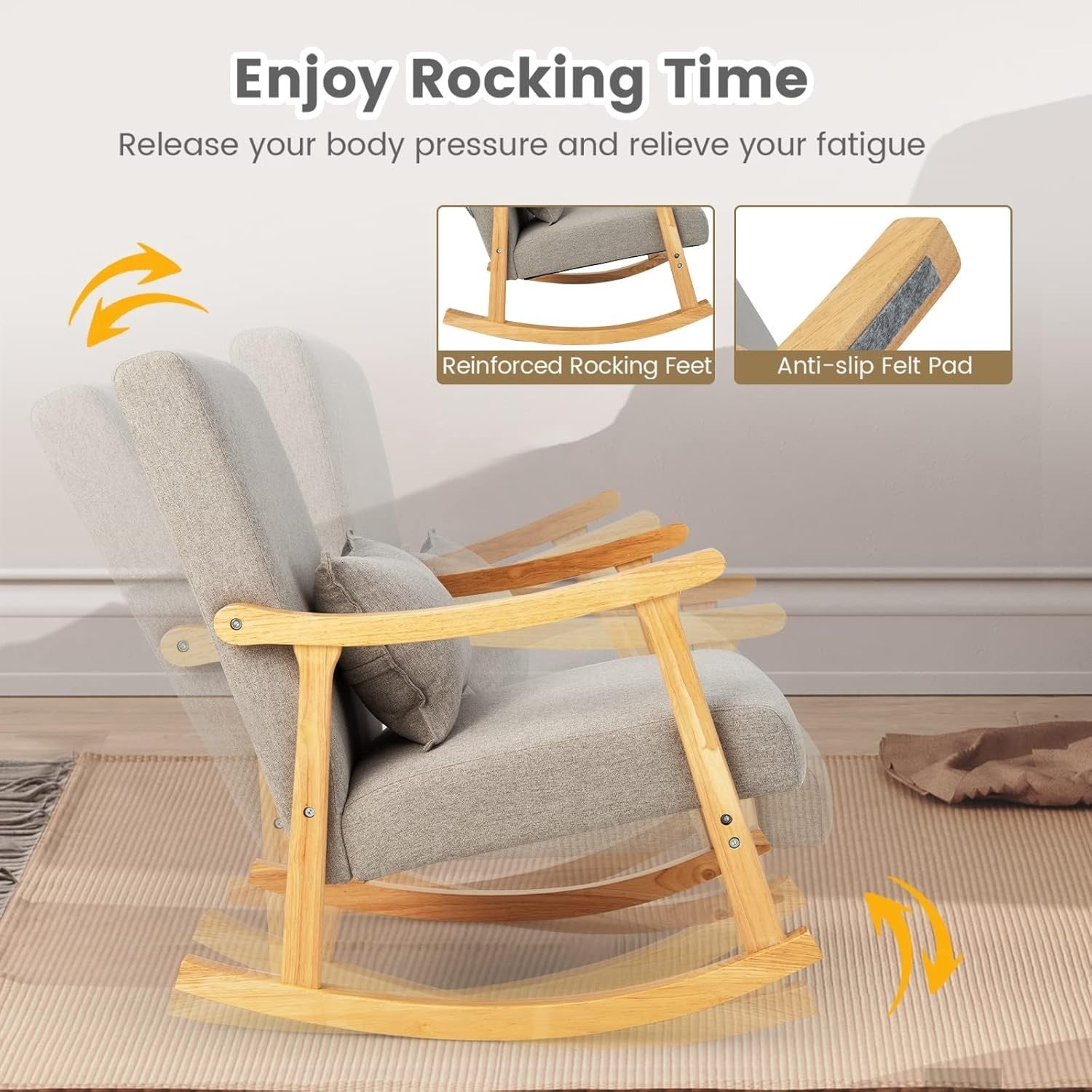Rocking Chair with Cushion & Lumbar Pillow – Solid Wood, 83cm High, Relax