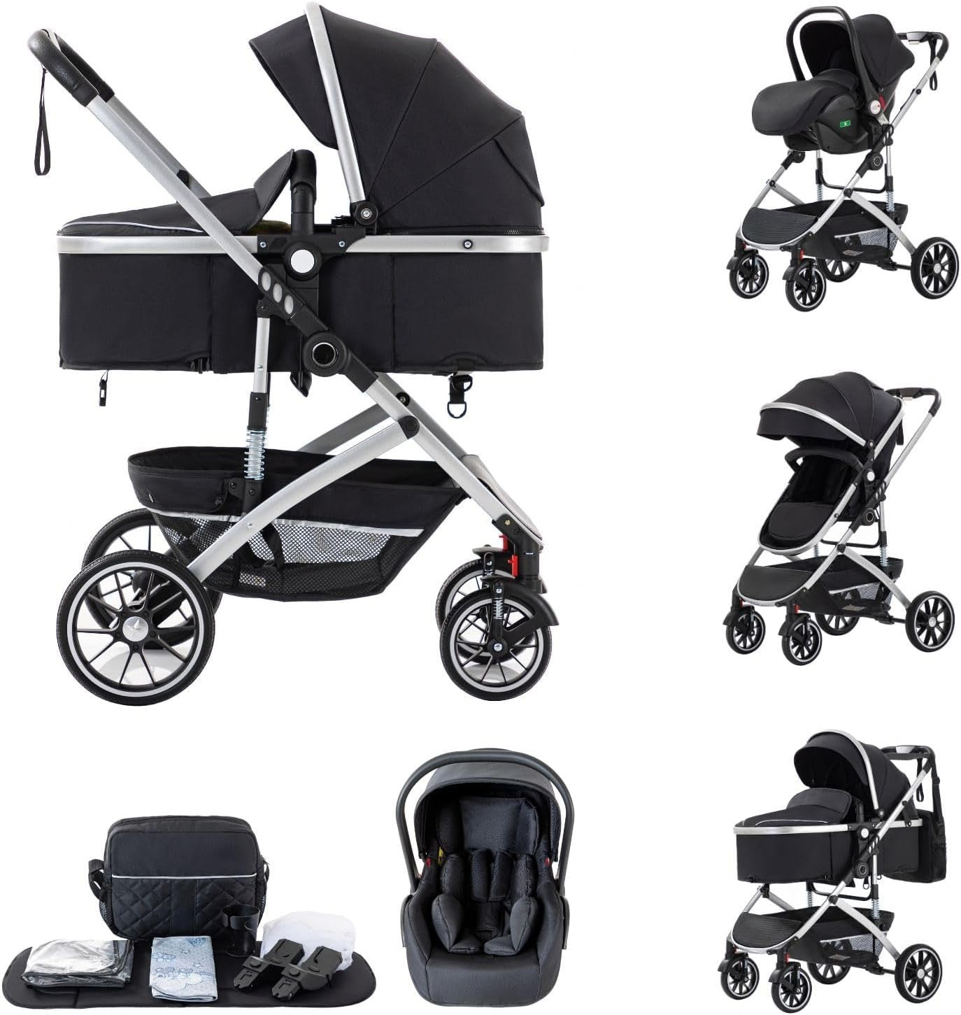 3-in-1 Baby Stroller Travel System Car Seat Pram Foldable Black