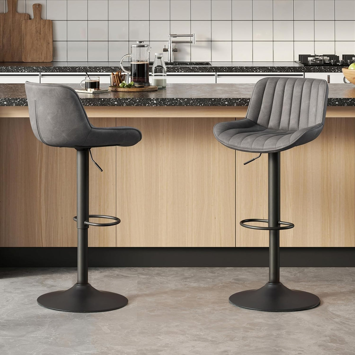 Grey Bar Stools Set of 2 | Memory Foam PU Seat, Adjustable Swivel, Oval