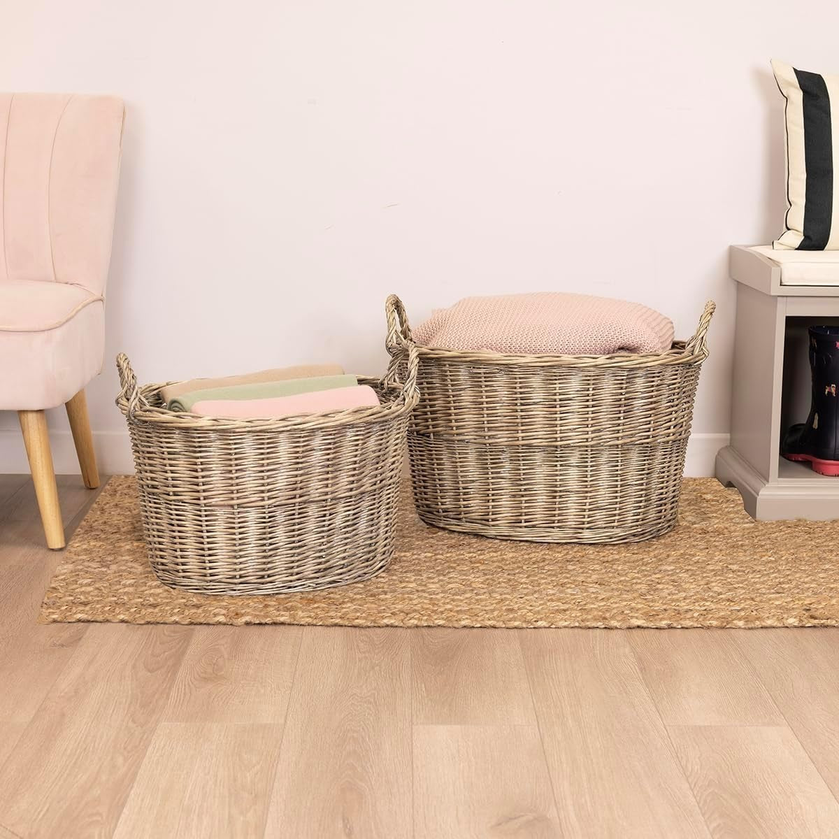 Oval Wicker Log Basket Set, Nesting Storage Baskets with Carry Handles, Durable