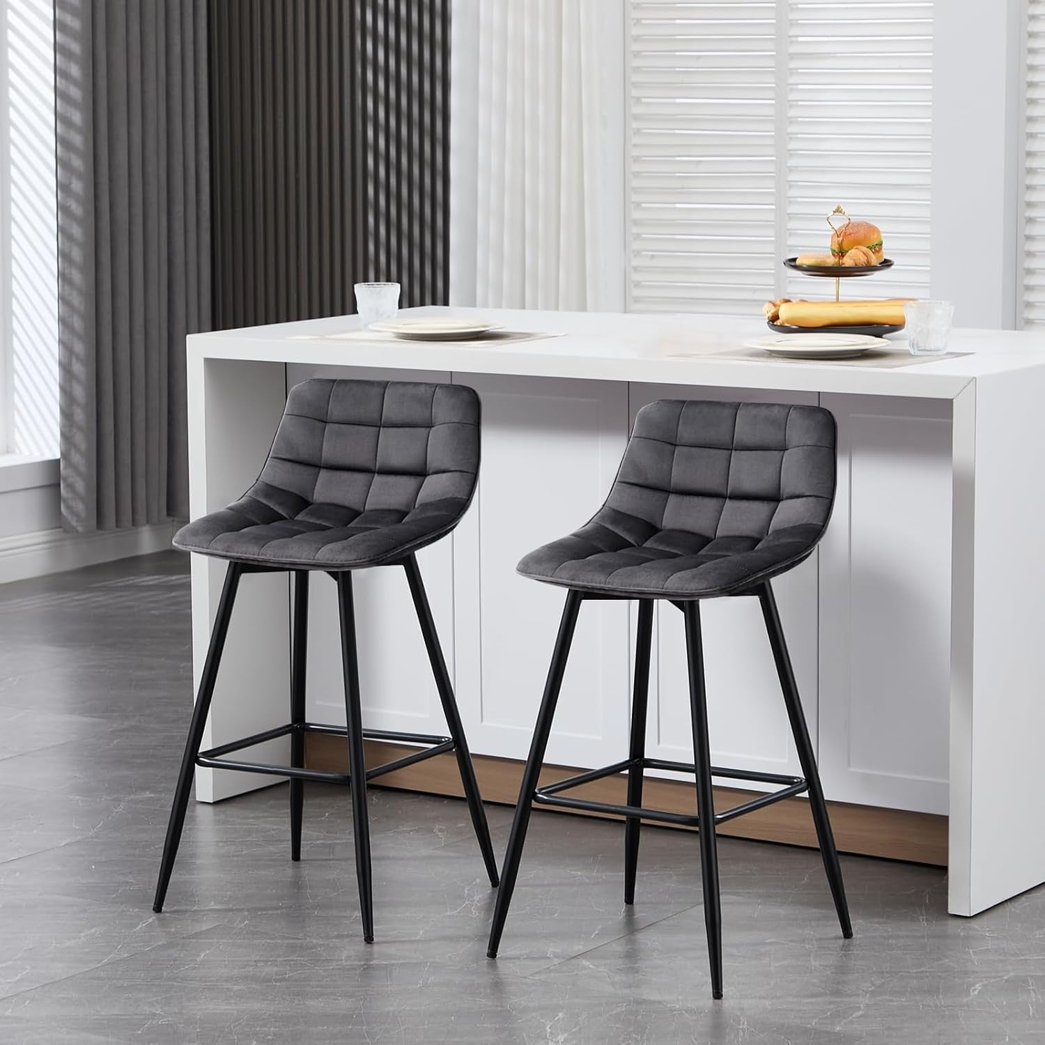 Dark Grey Faux Leather Bar Stools Set of 2 Ergonomic Kitchen Counter Seats
