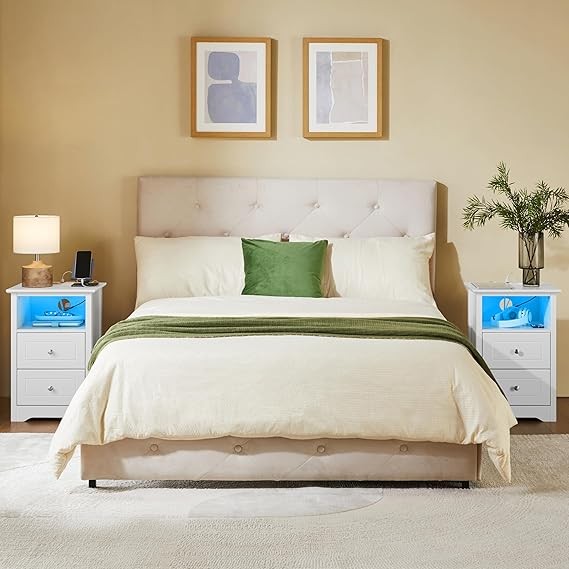 LED Bedside Tables Set of 2 with Charging Station, 2 USB Ports & Storage Drawers
