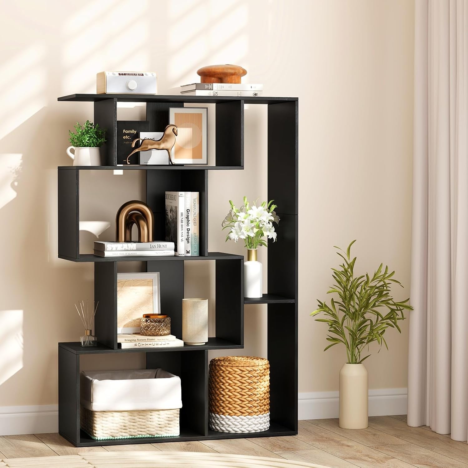 Modern 6-Cube S-Shape Bookcase Storage Unit with Anti-Tip Design for Living Room