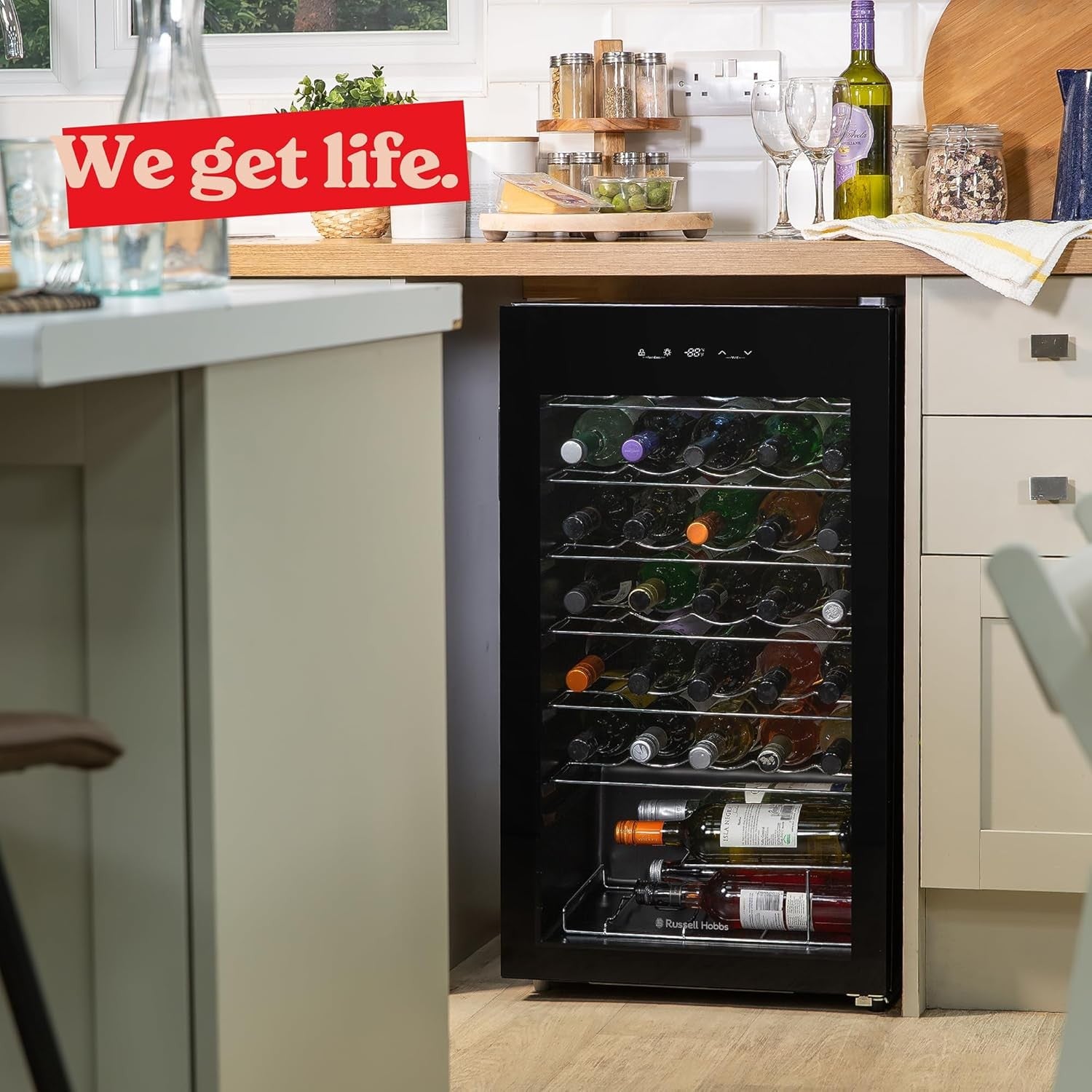 34 Bottle Wine & Drinks Fridge Undercounter Glass Door LED Touch Control