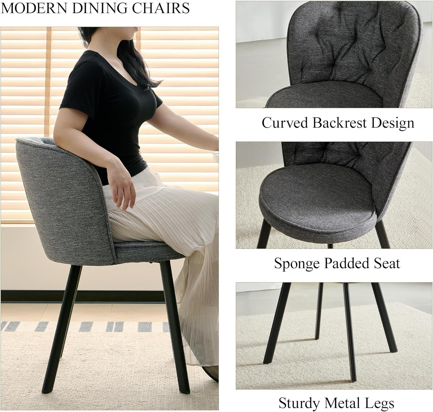 4 Grey Linen Dining Chairs & Round Dark Walnut Table Set for Kitchen Room
