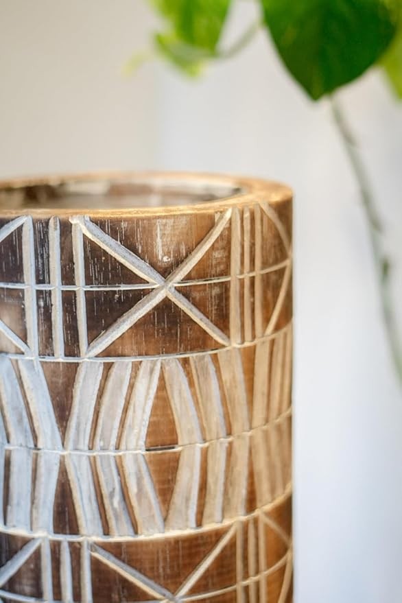 Tall Brown Wooden Floor Vase 50cm Handmade Tribal Boho Decor for Pampas
