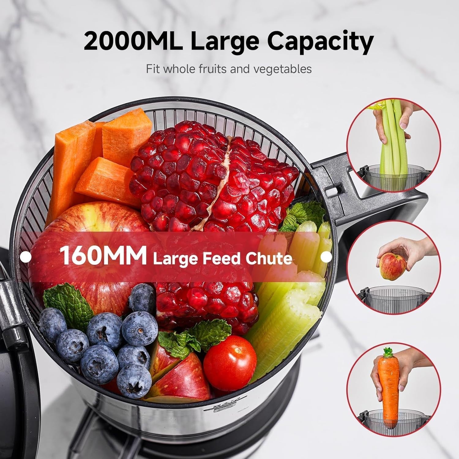 Cold Press Juicer 160mm Wide Chute Whole Fruit 2L Quiet High Yield
