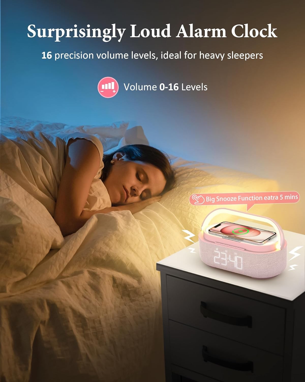 Bluetooth Alarm Clock Wireless Charger Speaker FM Radio Loud Snooze
